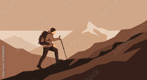 Silhouette Of A Hiker Ascending a Mountain, Achieving Adventure and Challenge