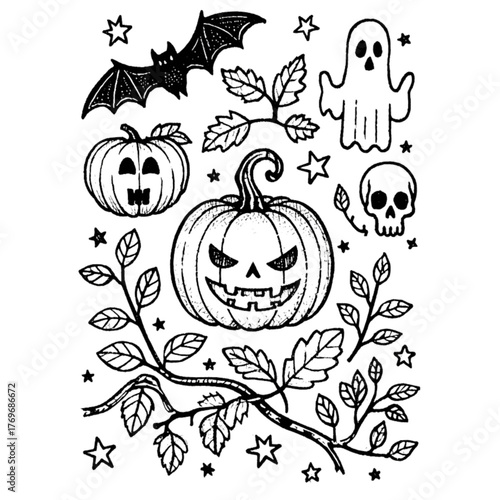 Halloween coloring book illustration set