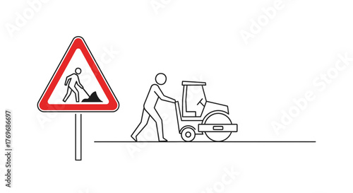 Road Work And Construction Silhouette Illustration In Warning Sign And Roller Machine