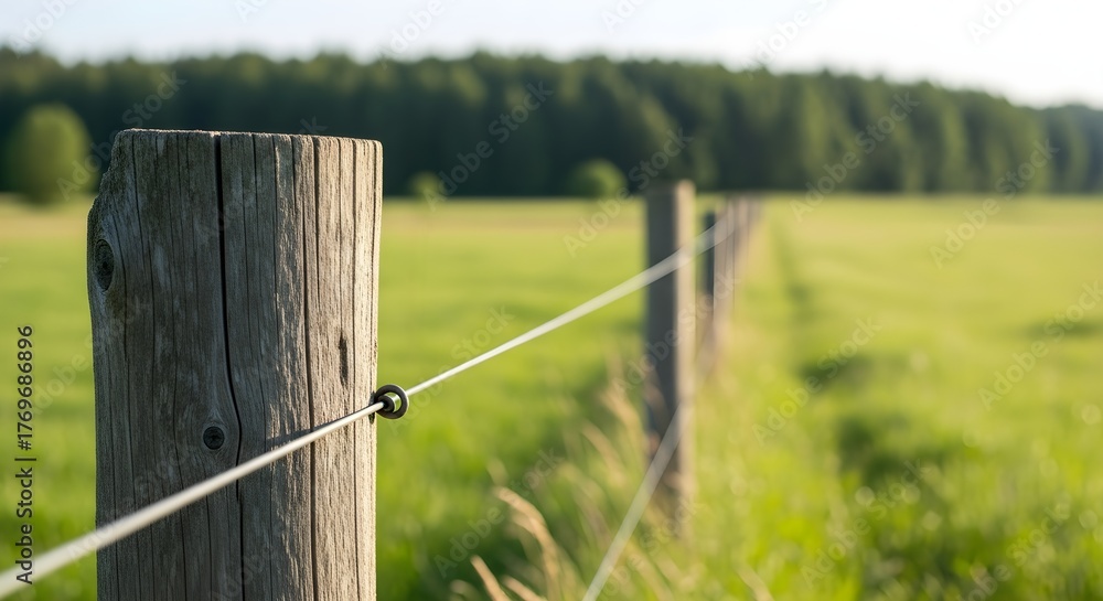 Fototapeta premium Rural Landscape Boundary Line in Meadow with Wooden Post and Forest Background