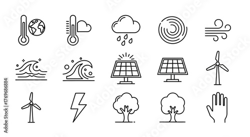 Environment and climate change icon set featuring weather symbols, renewable energy sources, and nature elements in a simple line art style