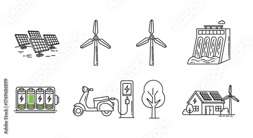 Green energy and sustainable technology icon set. Solar panels, wind turbines, and electric vehicle charging station outline symbols