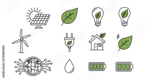 Thin line icons illustrating sustainable concepts of renewable green energy, eco-friendly technology, and environmental conservation