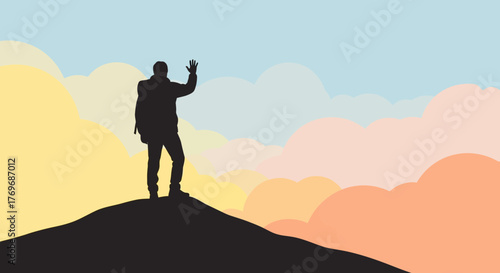 Silhouette Of A Person Waving On Hilltop With A Beautiful Cloudy Sky Background