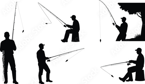 Fishing, silhouette, person, rod, sitting, standing, tree, casting, outdoor, black, icon, vector, posture, activity, nature, minimal, design, illustration, hobby, relaxation