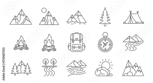 A collection of minimalist line art icons symbolizing outdoor adventure, hiking, and nature exploration in the wilderness