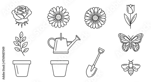 Gardening and spring theme icon set with minimalist line art of flowers, a butterfly, a bee, and tools