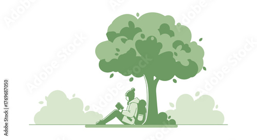 Serene Moment Under a Verdant Tree, Reading and Escaping Into a World of Novels