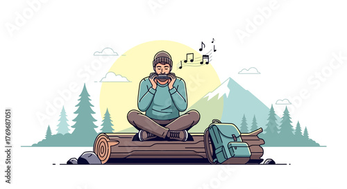 Serene Musician Composing Melodies in Nature with Musical Instruments