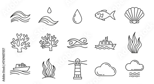 A set of simple nautical and aquatic line symbols representing the sea, ocean life, maritime travel, and coastal weather
