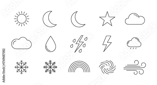 A set of minimalist line art icons representing various weather conditions like sunshine, rain, snow, and storms, isolated on a white background