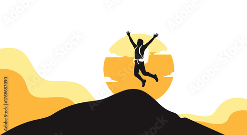 Silhouette Of A Traveler Jumping On A Hill Enjoying A Sunrise Or Sunset Scenery