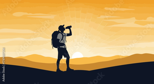 Silhouette Hiker Taking a Drink at Sunrise Enjoying a Stunning Natural Landscape