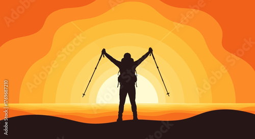 Silhouette Hiker Reaching The Zenith During Sunset With Hiking Poles