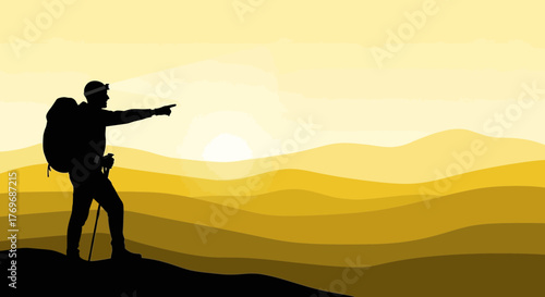 Silhouette Hiker Points Towards the Horizon Over Rolling Desert Mountains