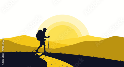 Silhouette Hiker Walking Along a Trail Towards the Sunset in a Minimalist Style