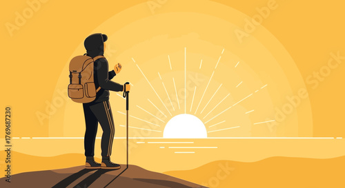 Silhouette Hiker Watching Sunrise Over Horizon Depicting Serene Adventure Moments