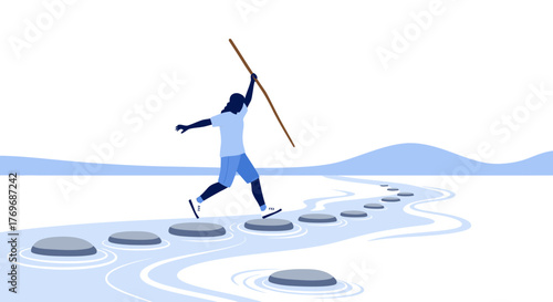 Silhouette Journeying Across Stepping Stones Symbolizing Progress and Overcoming Obstacles