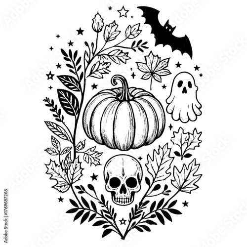 Halloween coloring book illustration set