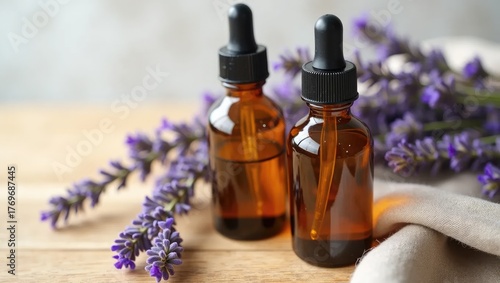 Wallpaper Mural Amber Serum Bottles with Lavender on Oak Wood Torontodigital.ca