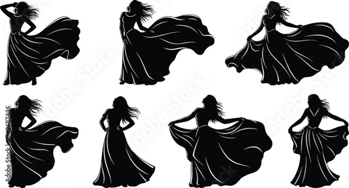 Dance, silhouette, woman, dress, motion, twirl, elegance, flowing, pose, black, graceful, fashion, movement, vector, icon, stylish, dynamic, hair, artistic, illustration