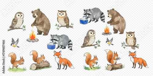 Watercolor illustration set of cute forest animals including bears, owls, raccoons, squirrels, foxes, and birds, with campfires and natural elements.