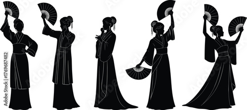 Dance, silhouette, fan, traditional, costume, cultural, gesture, pose, black, icon, vector, illustration, graceful, elegant, movement, choreography, minimal, expressive, art, performance