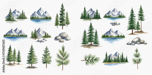 Watercolor illustrations of mountain landscapes with pine trees, lakes, and rocks, presented as a versatile nature-themed graphic resource set.