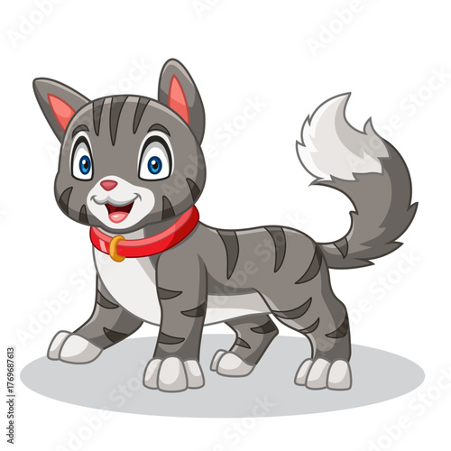 cartoon A cute gray cat wearing a necklace