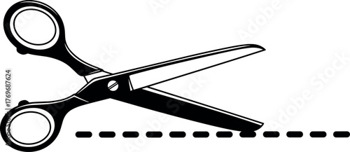 An illustration of a pair of black-handled scissors cutting a dashed line, symbolizing the concept of cutting, dividing, or separating elements