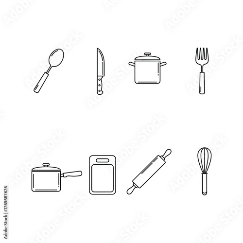 Kitchen Utensils Line Art Illustration cooking spoon knife pot fork cutting board rolling pin whisk cookware flatware cutlery