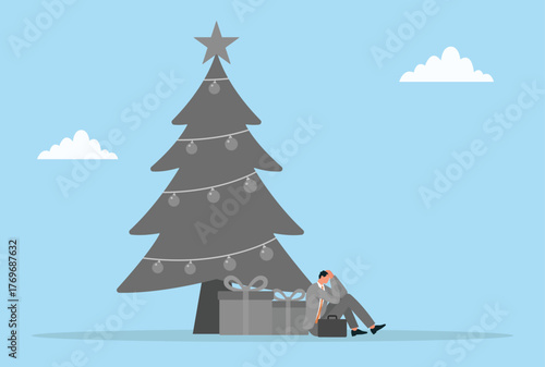 Vector illustration of a sad businessman sitting under a dull decorated christmas tree with gifts, feeling lonely, unhappy, stressed, and disappointed during holidays
