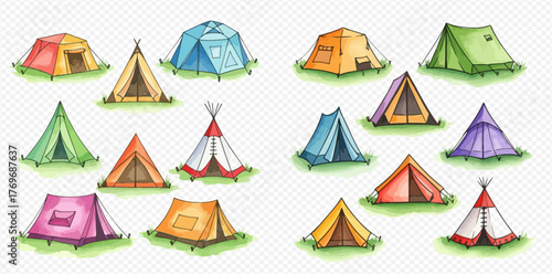 A collection of colorful hand-drawn camping tents in various styles and shapes, perfect for outdoor adventures and travel.