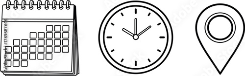Calendar, Clock, and Location Pin Icons A Visual Representation of Time, Scheduling, and Navigation