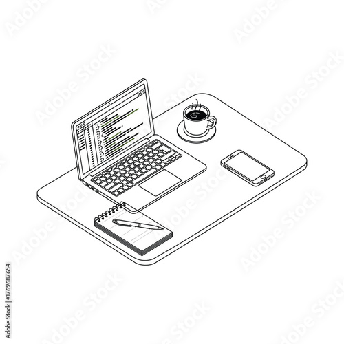 Isometric Workspace with Laptop, Coffee and Notepad desk computer coding programming software development cup pen phone smartphone