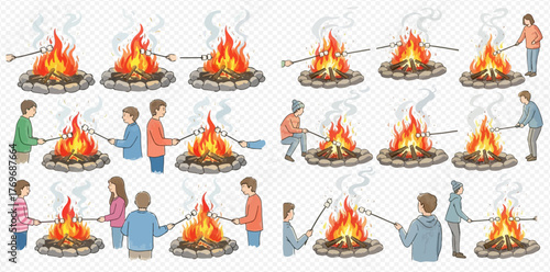 Illustrations of people roasting marshmallows and hot dogs over campfires, enjoying outdoor leisure activities.