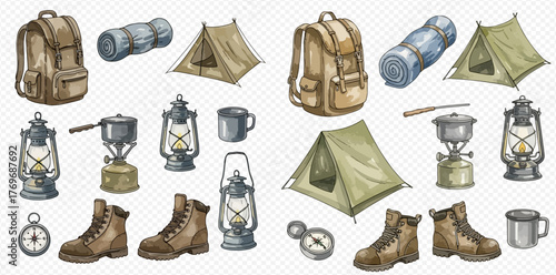 Watercolor illustration set of vintage camping and hiking equipment including backpacks, tents, lanterns, and boots.