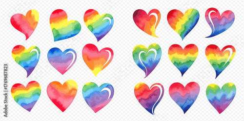 Vibrant collection of watercolor hearts painted with rainbow colors and diverse artistic styles.