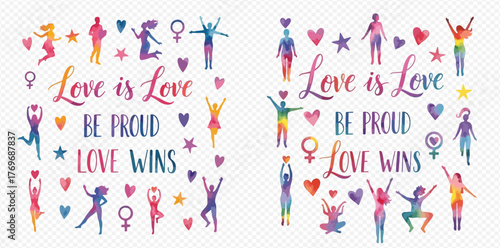 Watercolor illustration of diverse people, hearts, and stars with "Love is Love, Be Proud, Love Wins" text, celebrating LGBTQ+ pride and equality.