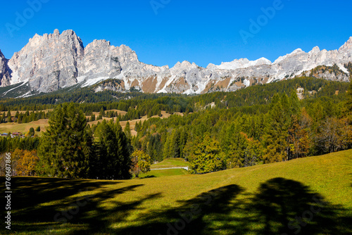 Alpine autumn landscape of Cristallo and Pomagagnon Group, Dolomites, Italy	