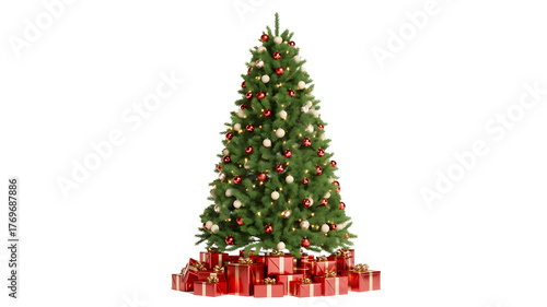 Decorated christmas tree with presents underneath isolated on transparent background