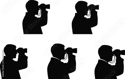 Binocular silhouette, observation pose, black figure, side profile, searching gesture, surveillance icon, focus stance, watch illustration, lookout symbol, motion study