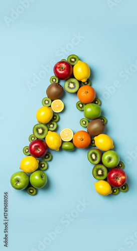 Fresh fruits arranged to form the letter A on blue background  
