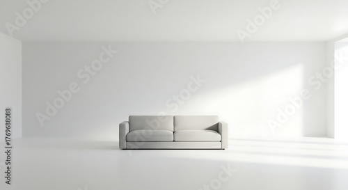 Minimalist grey sofa in bright empty room with white walls  