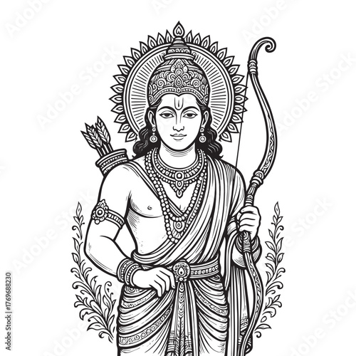 Lord Rama line art illustration with bow and arrow, traditional Hindu deity vector design, mythological artwork on transparent background