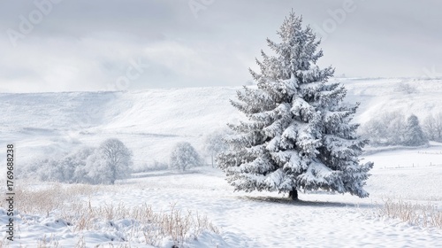 Wallpaper Mural A beautiful evergreen tree stands alone in a serene snowy landscape. The ground is covered in fresh snow blending with the white surroundings. Torontodigital.ca