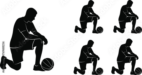 Basketball, kneeling, silhouette, person, pose, ball, reflection, gesture, black, icon, vector, minimal, design, illustration, emotion, readiness, respect, posture, athlete, moment