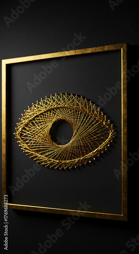 Golden eye art piece framed against black background  