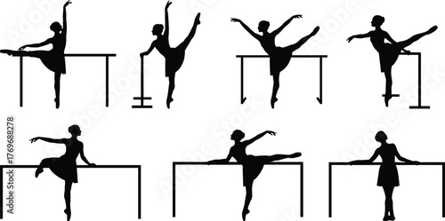 Ballet, silhouette, dancer, barre, pose, training, graceful, movement, black, elegant, posture, dance, icon, vector, balance, flexibility, classical, minimal, illustration, art