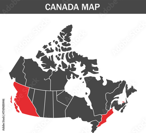 Map of Canada Highlighting British Columbia and New Brunswick